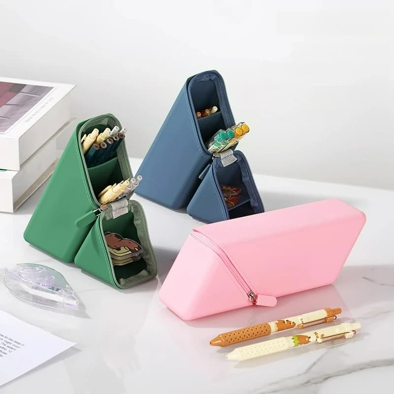 Creative Silicone Pencil Case Large Capacity Simple Design Dual-Purpose Pen Holder Multi-Layer Storage Triangular Stand-Up Style