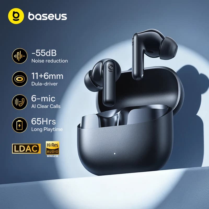 Baseus Bass EP10 Ultra Wireless Earphones -55dB Noise Reduction 65Hrs Long Playtime Bluetooth 6.0 Earbuds 6 Mics AI Call Clear