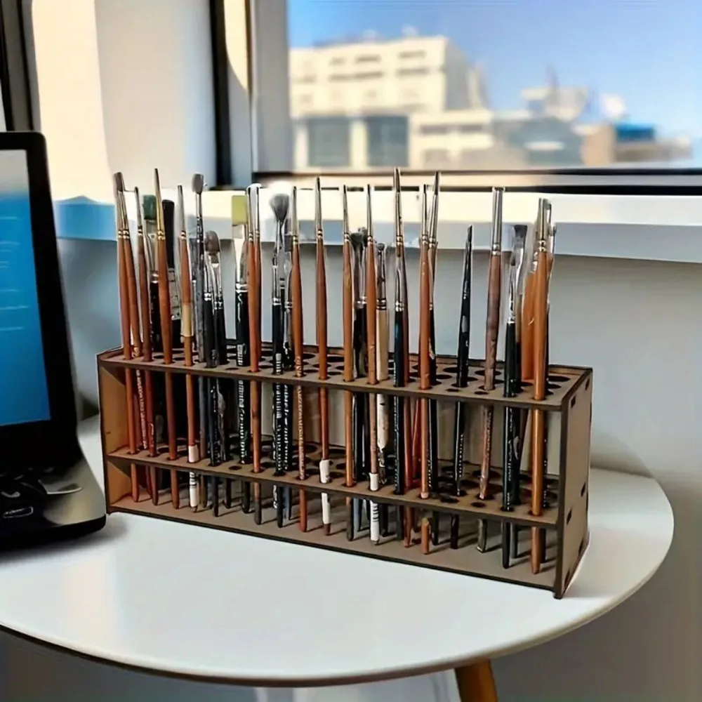 Wooden Brush Holder 67-Slot Premium Double-layer Durable Artist Desk Organizer Pencil Paint Brushes Storage Art Craft