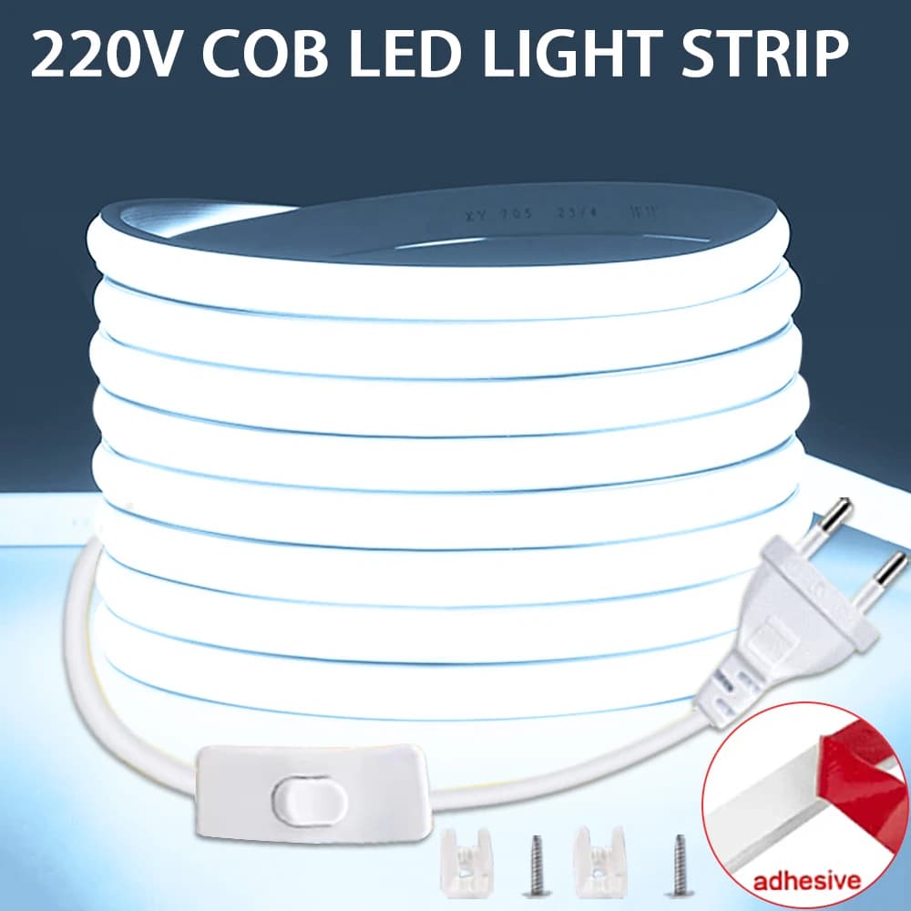 COB LED Strip 220V Switch ON/OFF with EU Plug 220V LED Strip Lights Flexible Lamp Tape for Kitchen Home Room Decor